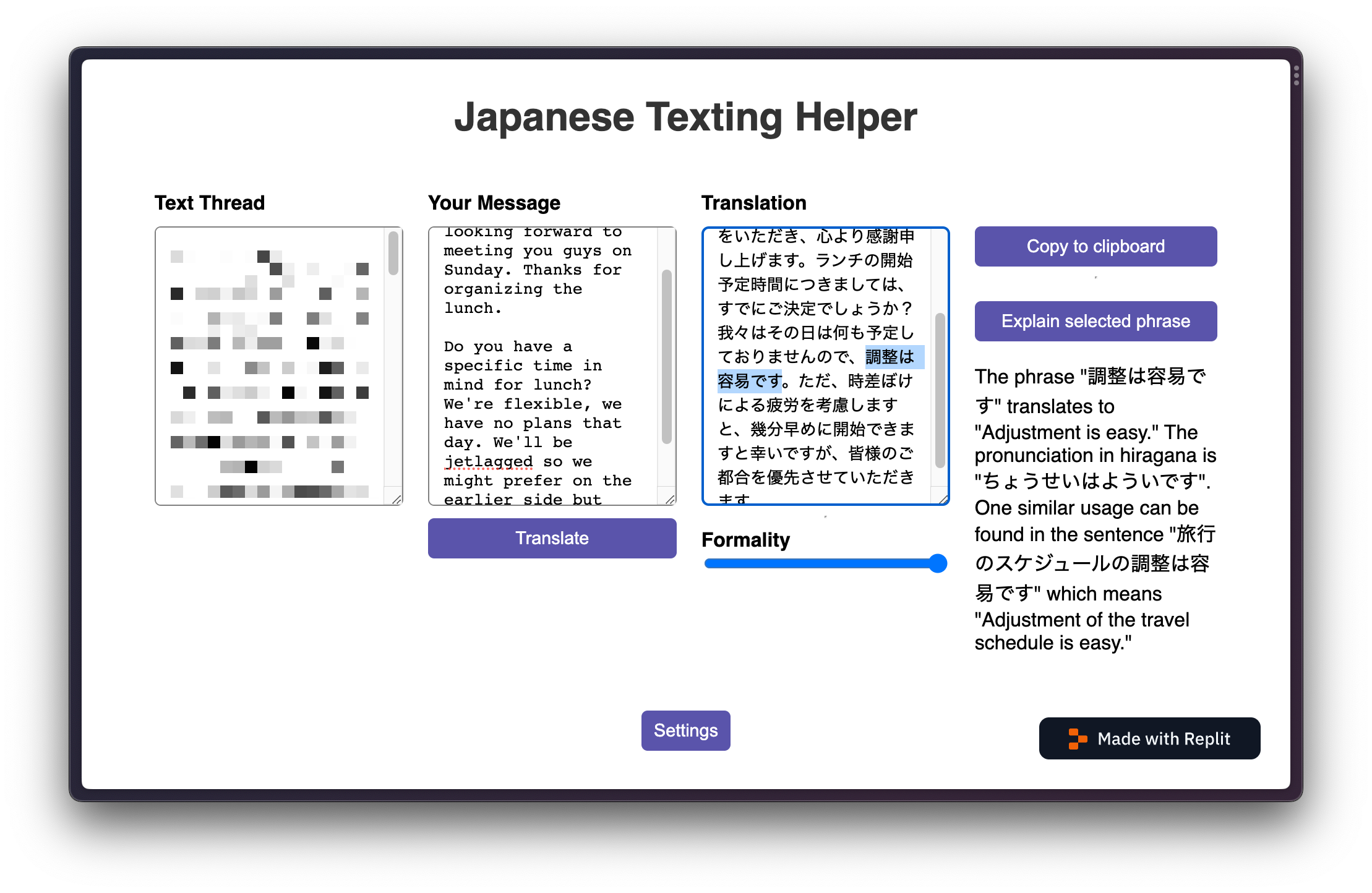 an app with an input for an English message, output for a Japanese translation, and a slider for formality and an explanation of a selected phrase